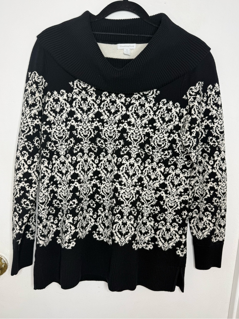Charter Club Black and White Cowl-Neck Patterned Sweater
